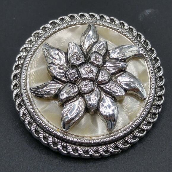 West Germany Floral Scarf Clip, Lucite Background, Mid-century, 1 3/8 Inches - Picture 6 of 8